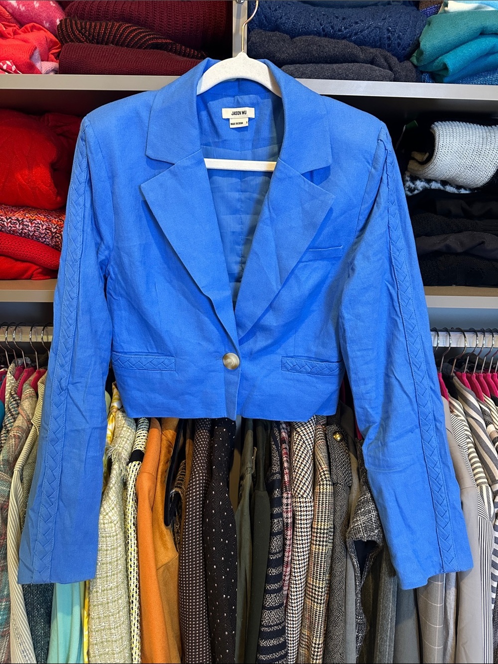 Jason Wu blue linen blend braided detail 3 pocket lined cropped blazer size S